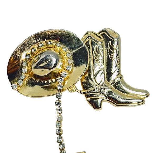 Gold Tone And Rhinestone Western Cowboy Hat, Boots And Gun Holster Brooch (6092) - Picture 2 of 6